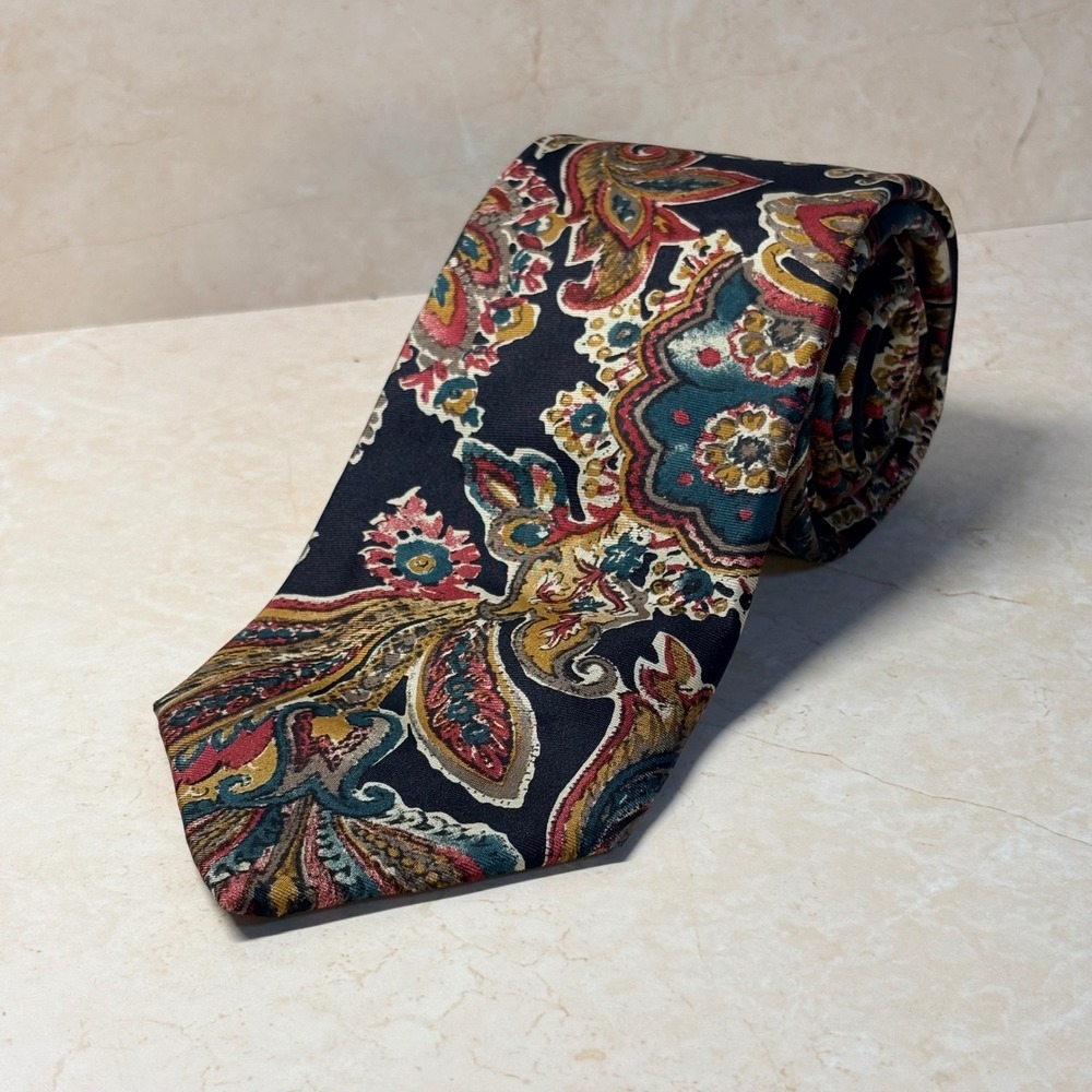 Lands End Mens Navy Paisley Floral 100% Silk Tie Hand Sewn USA Classic 3.75"